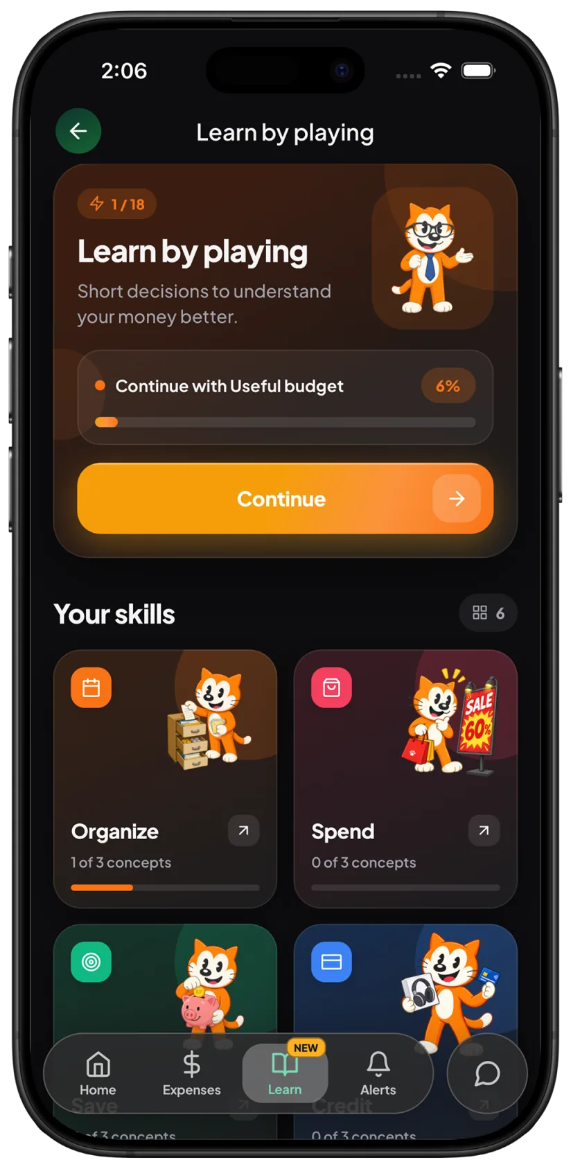 KP Learn by playing screen with money lessons and skills
