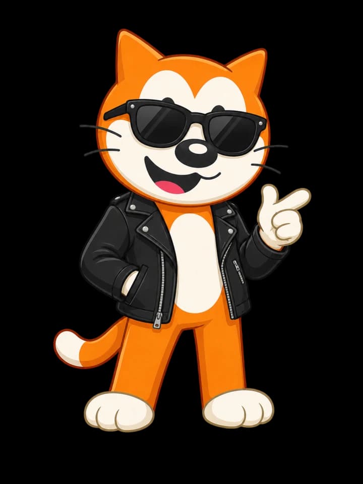 KP, a friendly orange cat wearing sunglasses and a leather jacket
