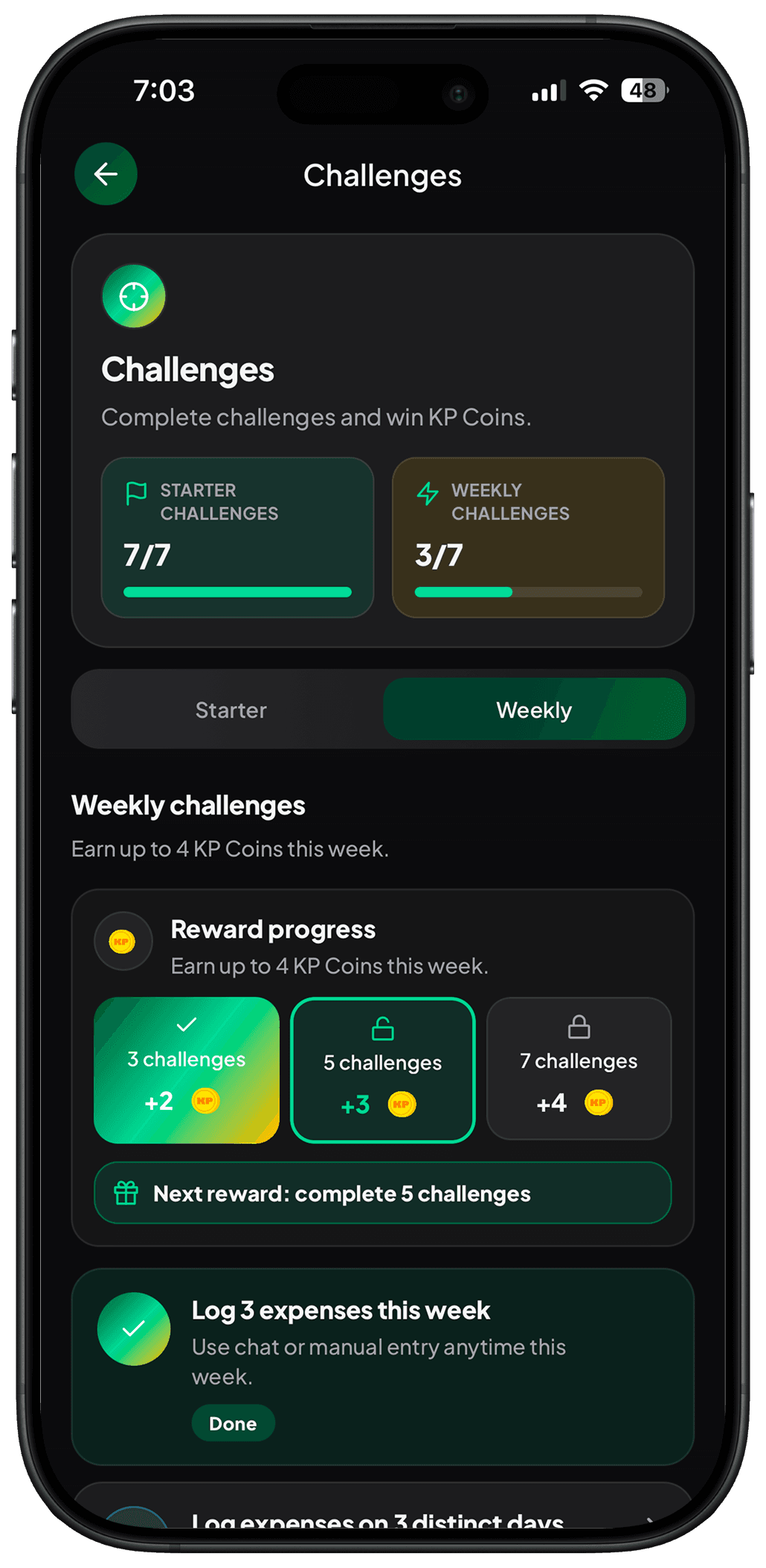 KP challenges screen for personal finance habits