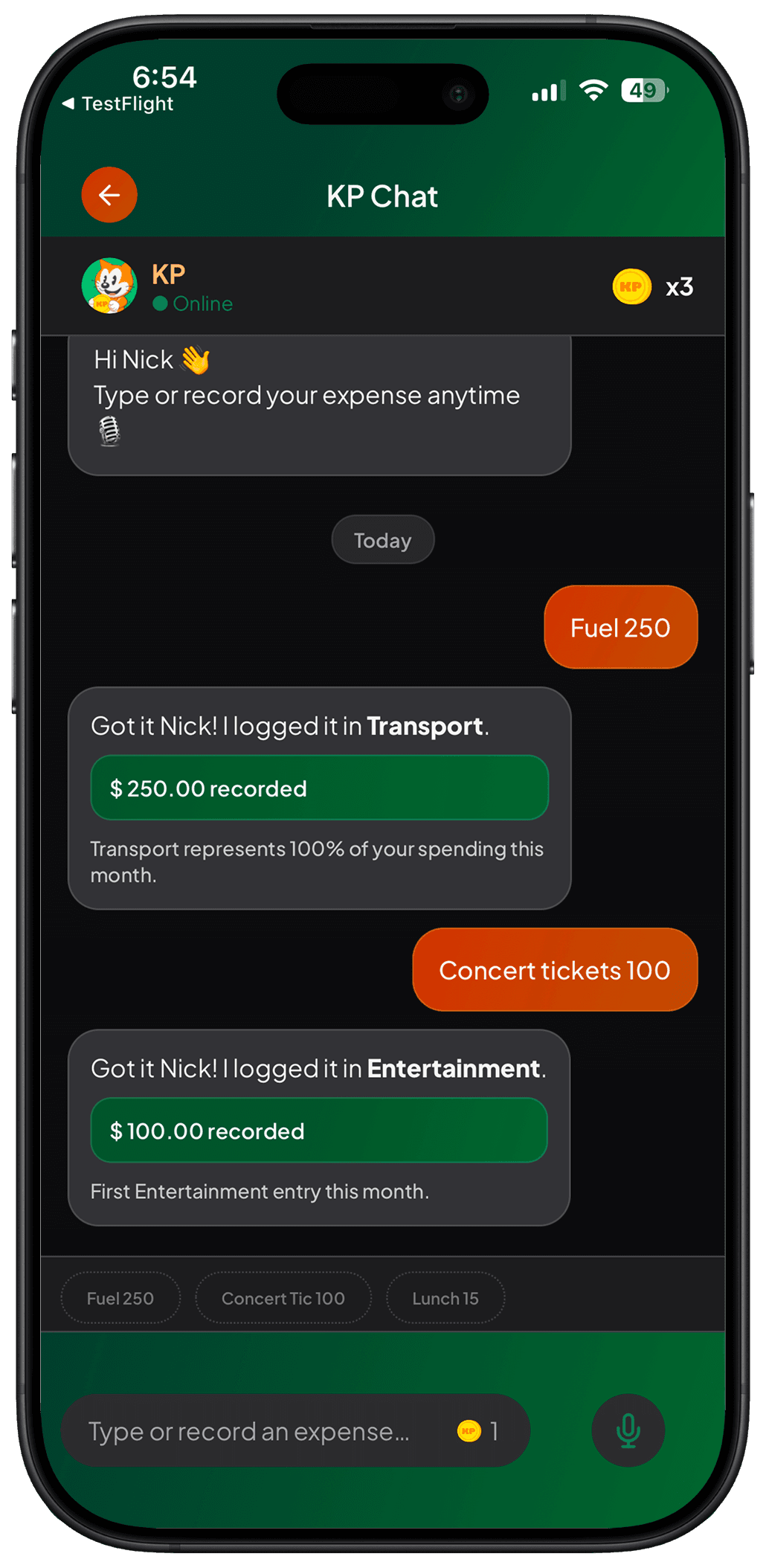 KP expense logging chat