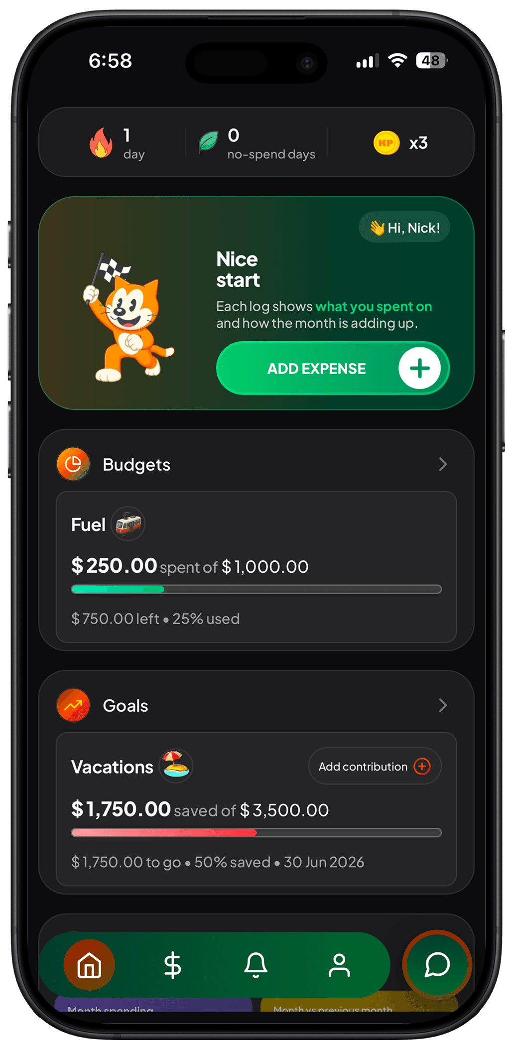 KP home screen with budgets and goals