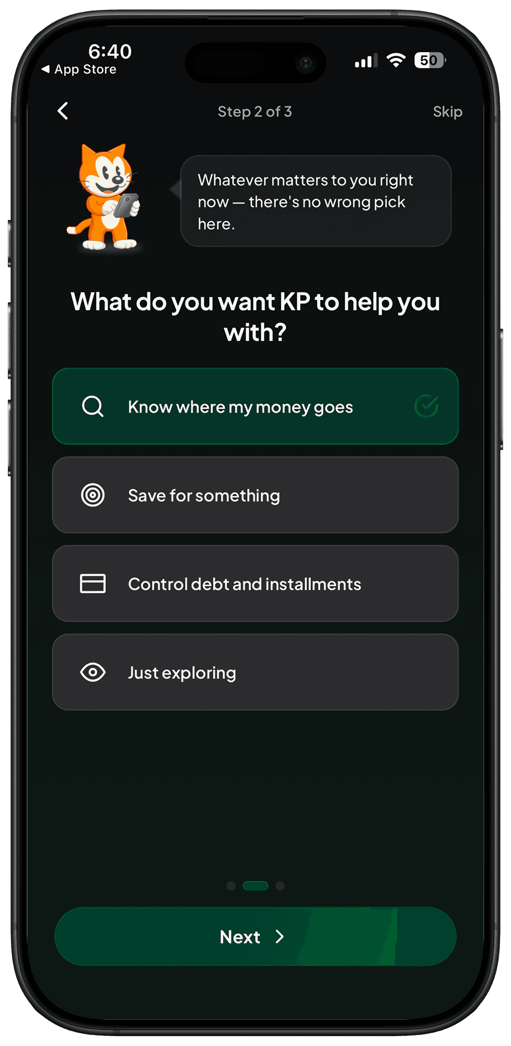 KP onboarding financial goal screen