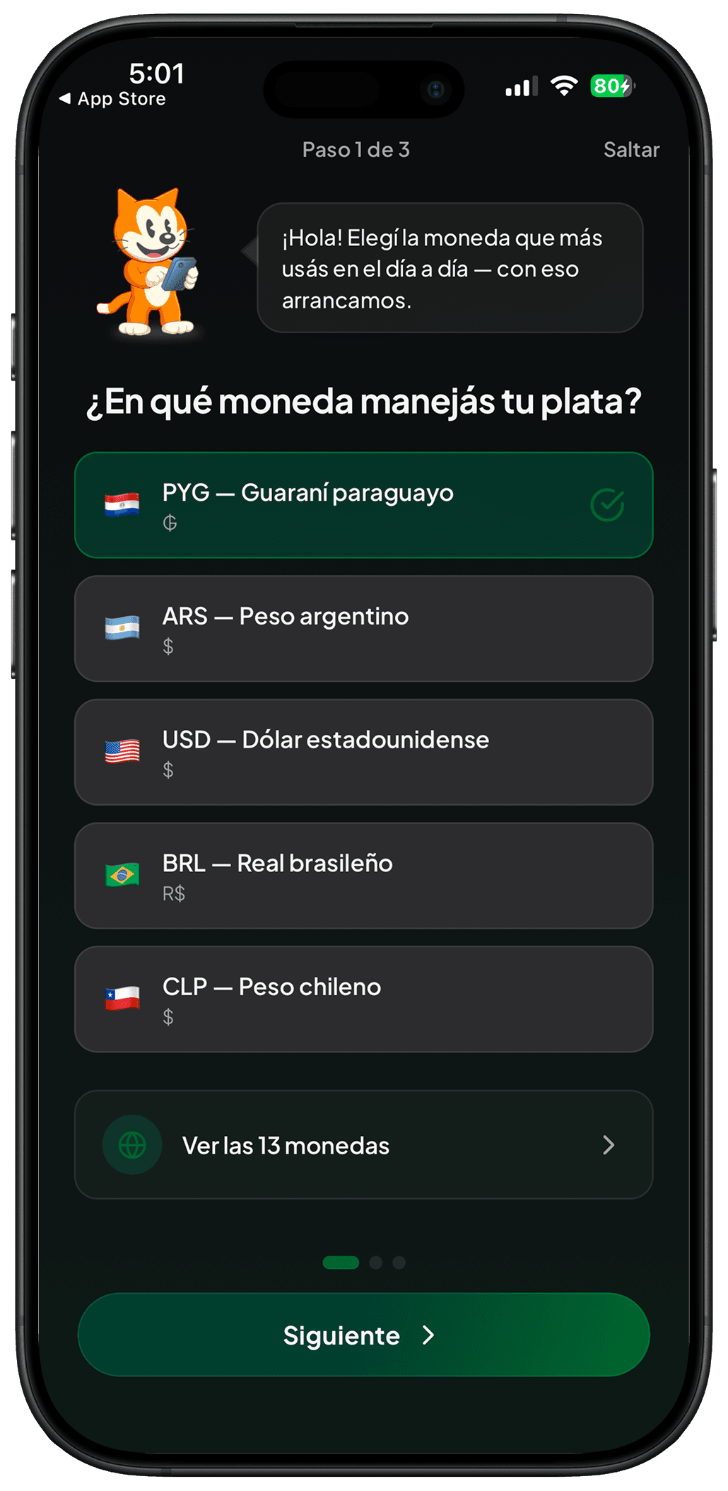 Pantalla de selección de moneda de KP