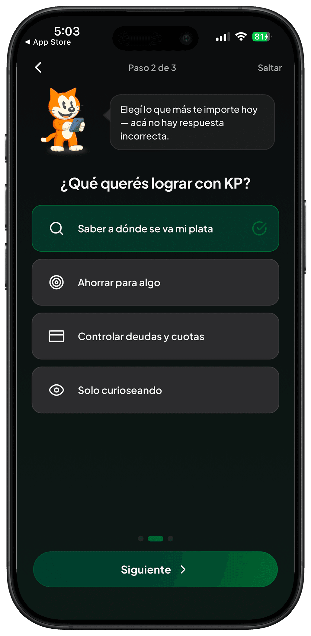 Pantalla de objetivo financiero de KP