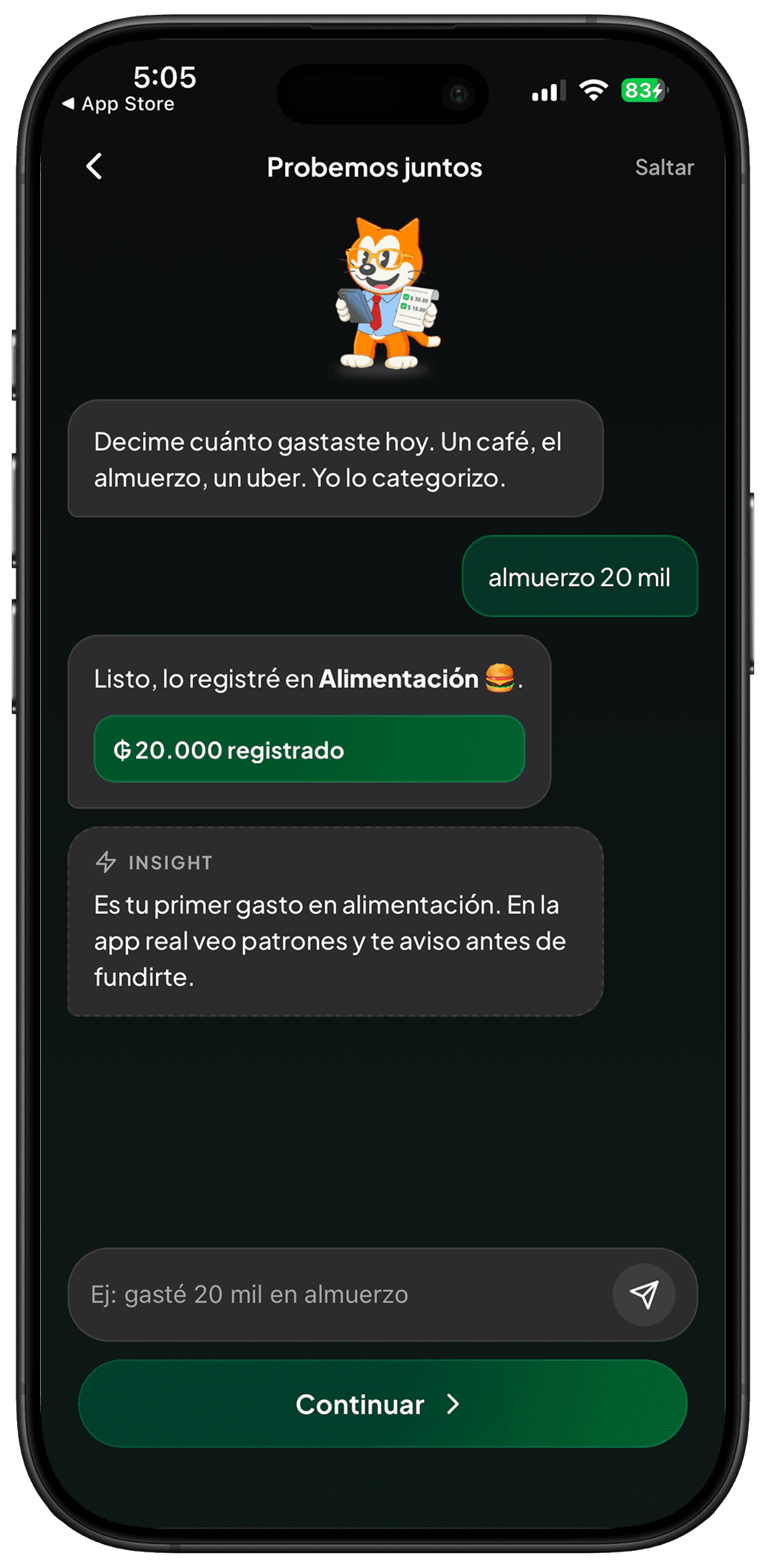 Pantalla de primer gasto de KP