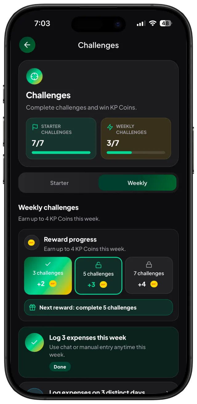 KP challenges screen for personal finance habits