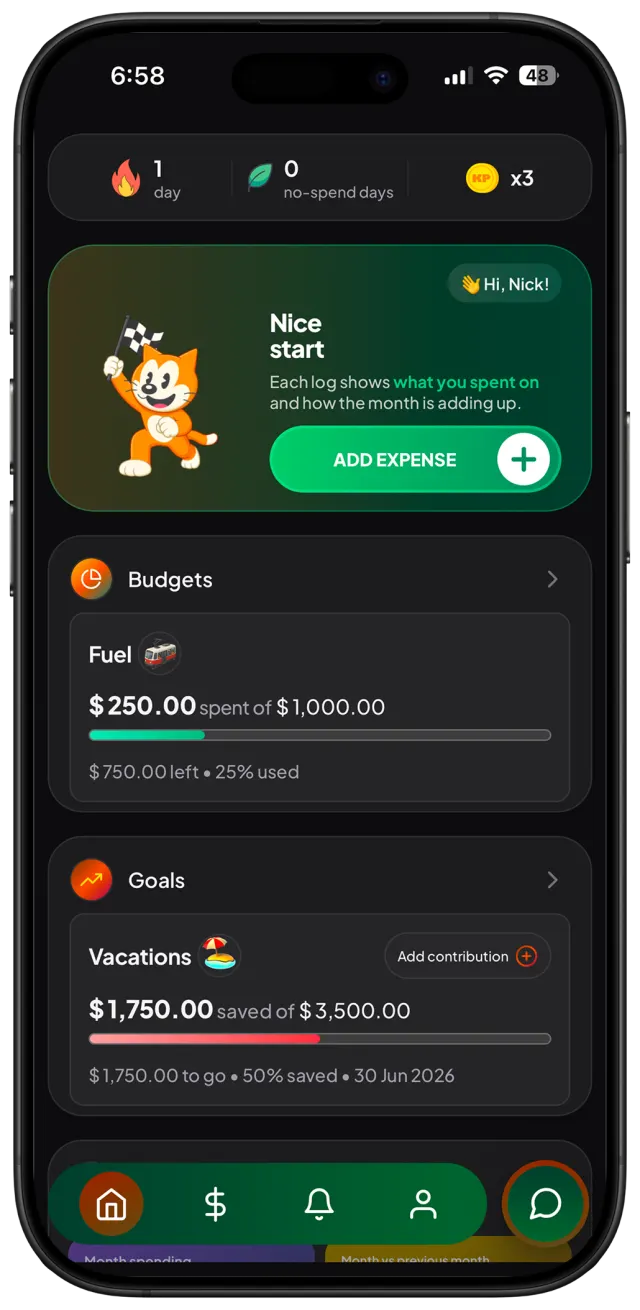 KP home screen with budgets and goals