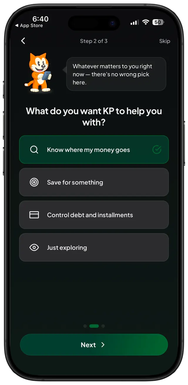 KP onboarding financial goal screen