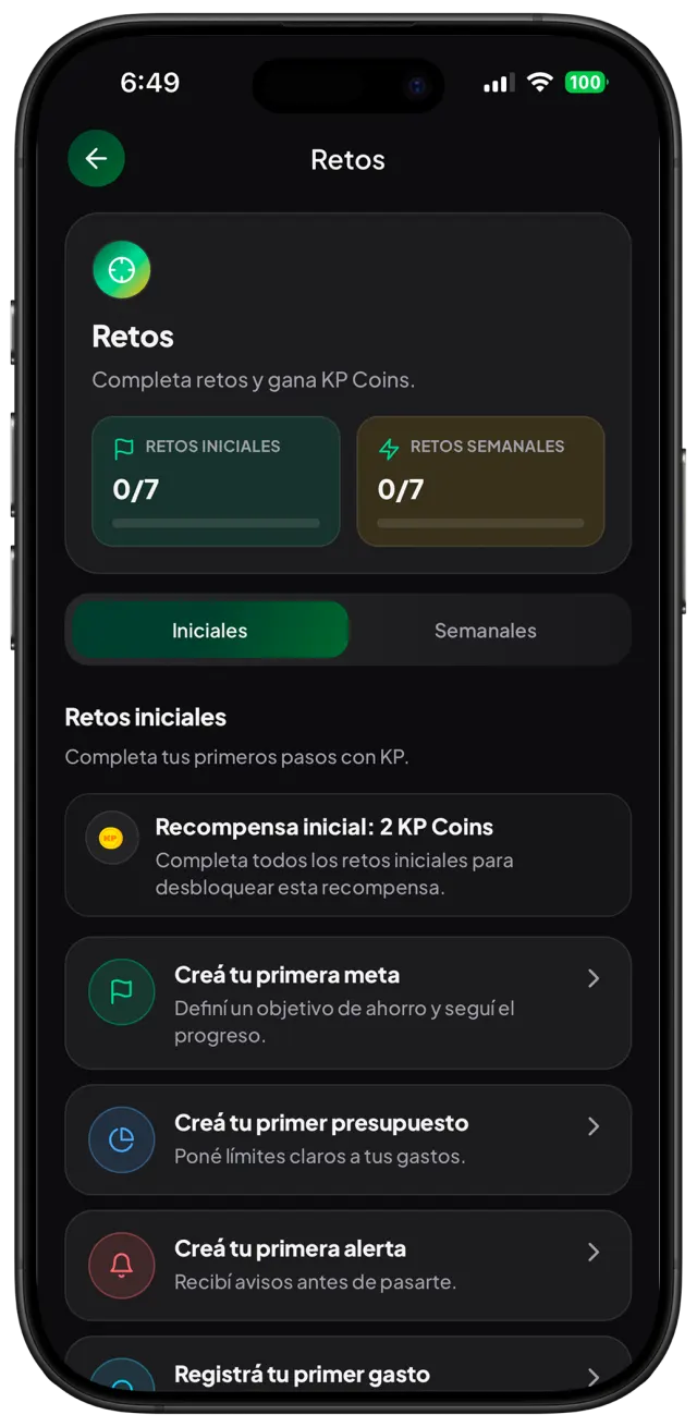 Pantalla de retos de KP para hábitos financieros