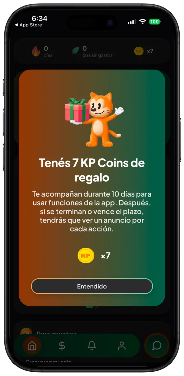 Pantalla de regalo inicial de KP