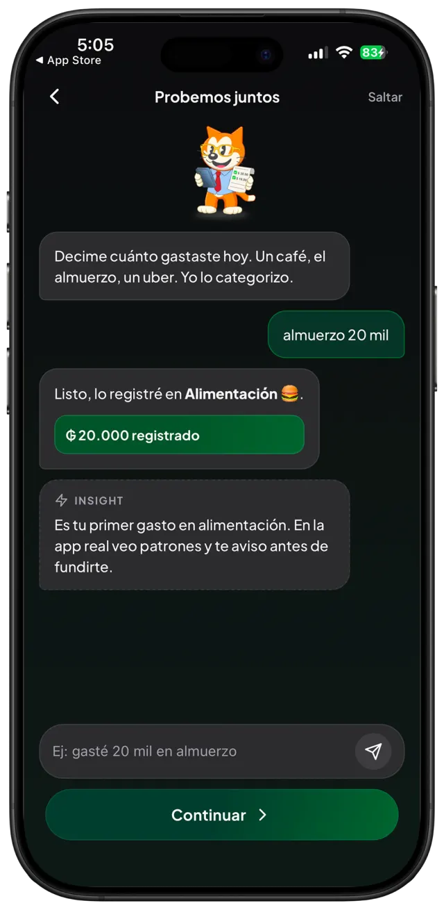 Pantalla de primer gasto de KP