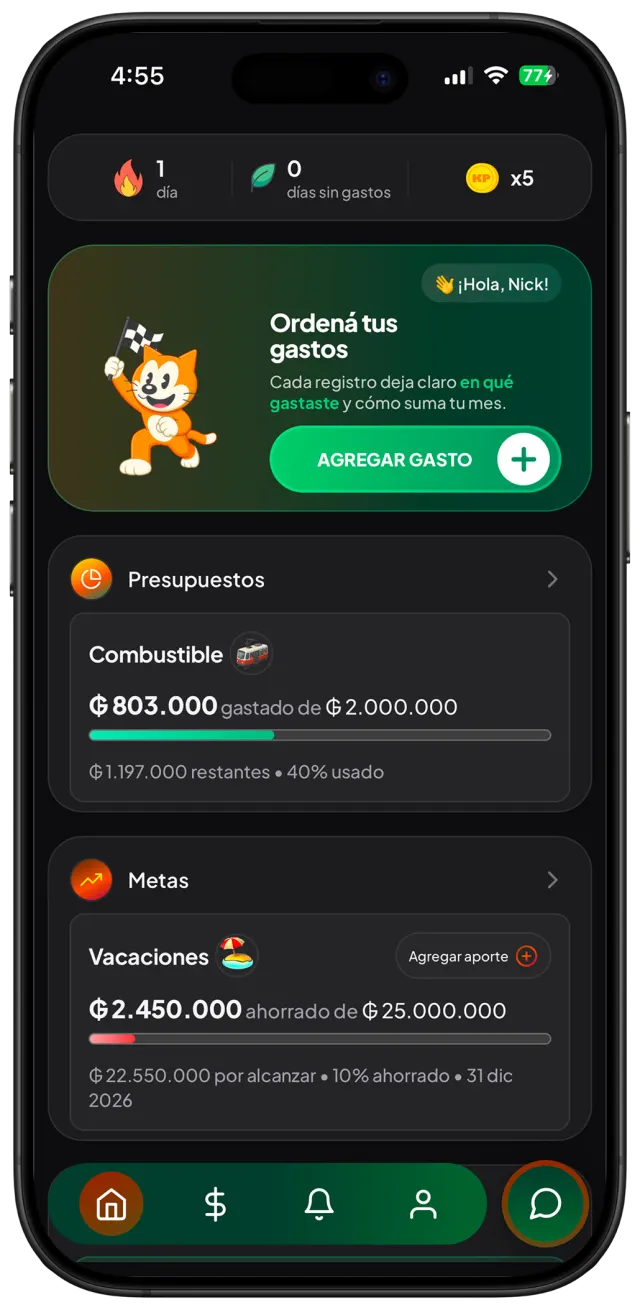 Pantalla principal de KP con presupuestos y metas