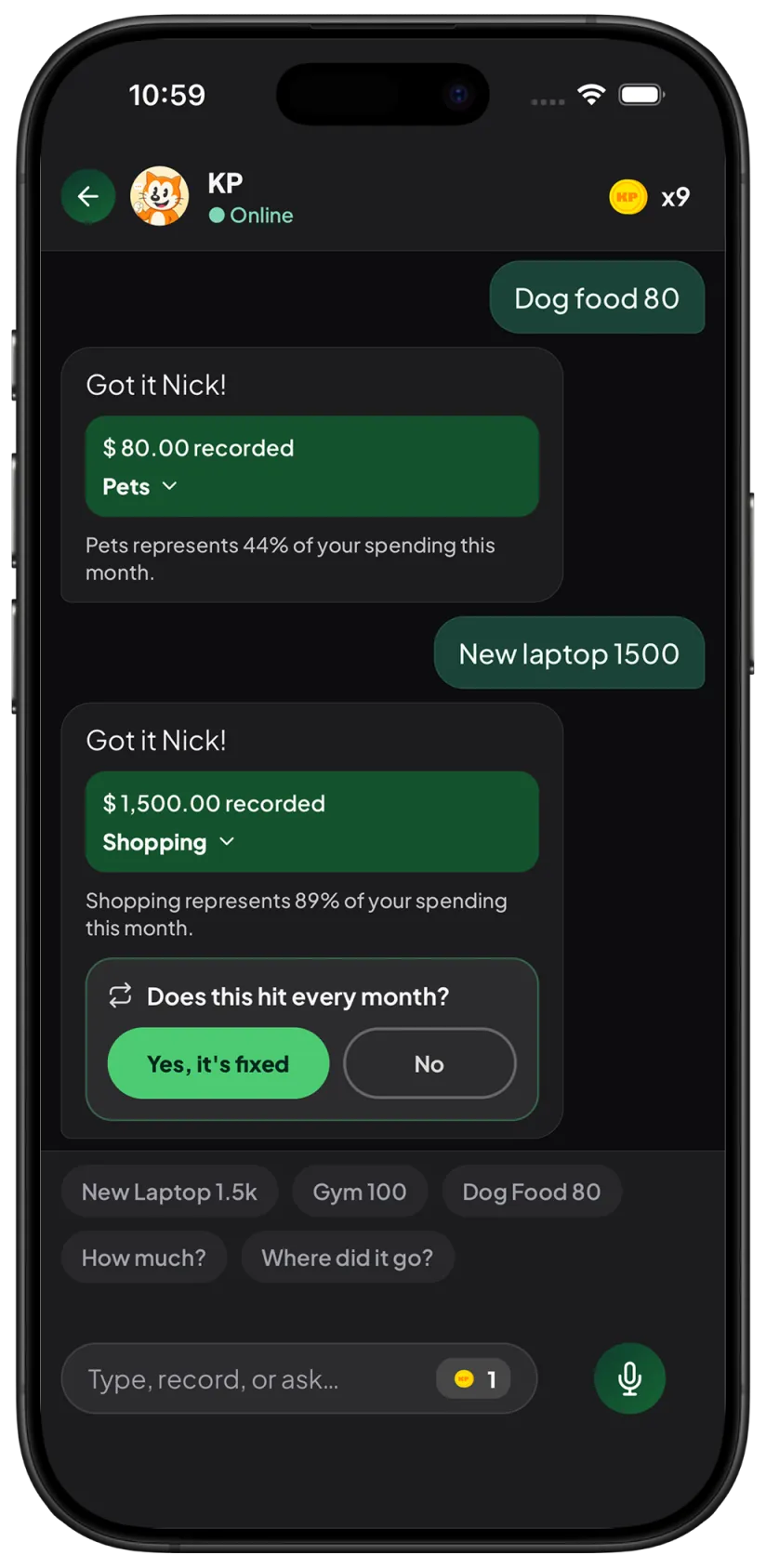 KP chat logging dog food and a laptop, with category and recurring prompt