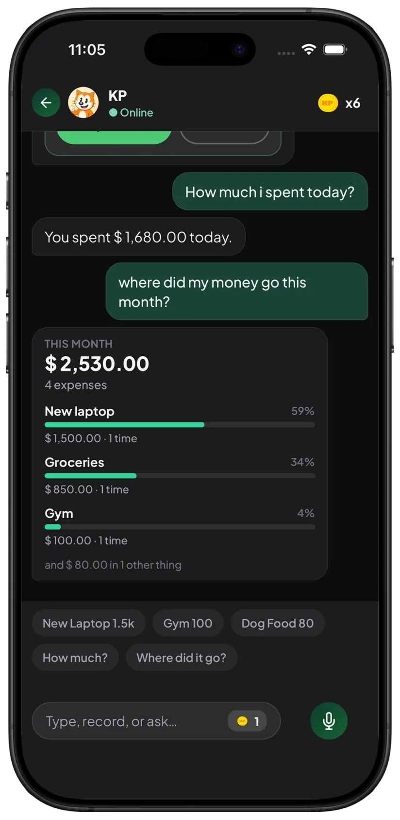 KP chat answering how much was spent today and where money went this month
