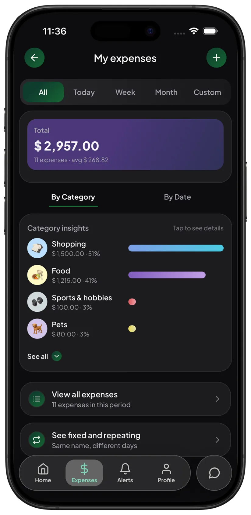 KP expenses screen with shopping, food, and other categories