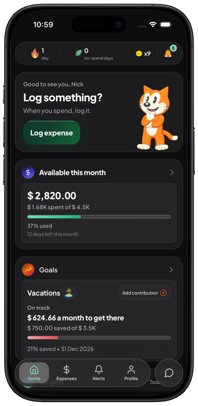 KP home with available budget, a vacation goal, and the cat mascot