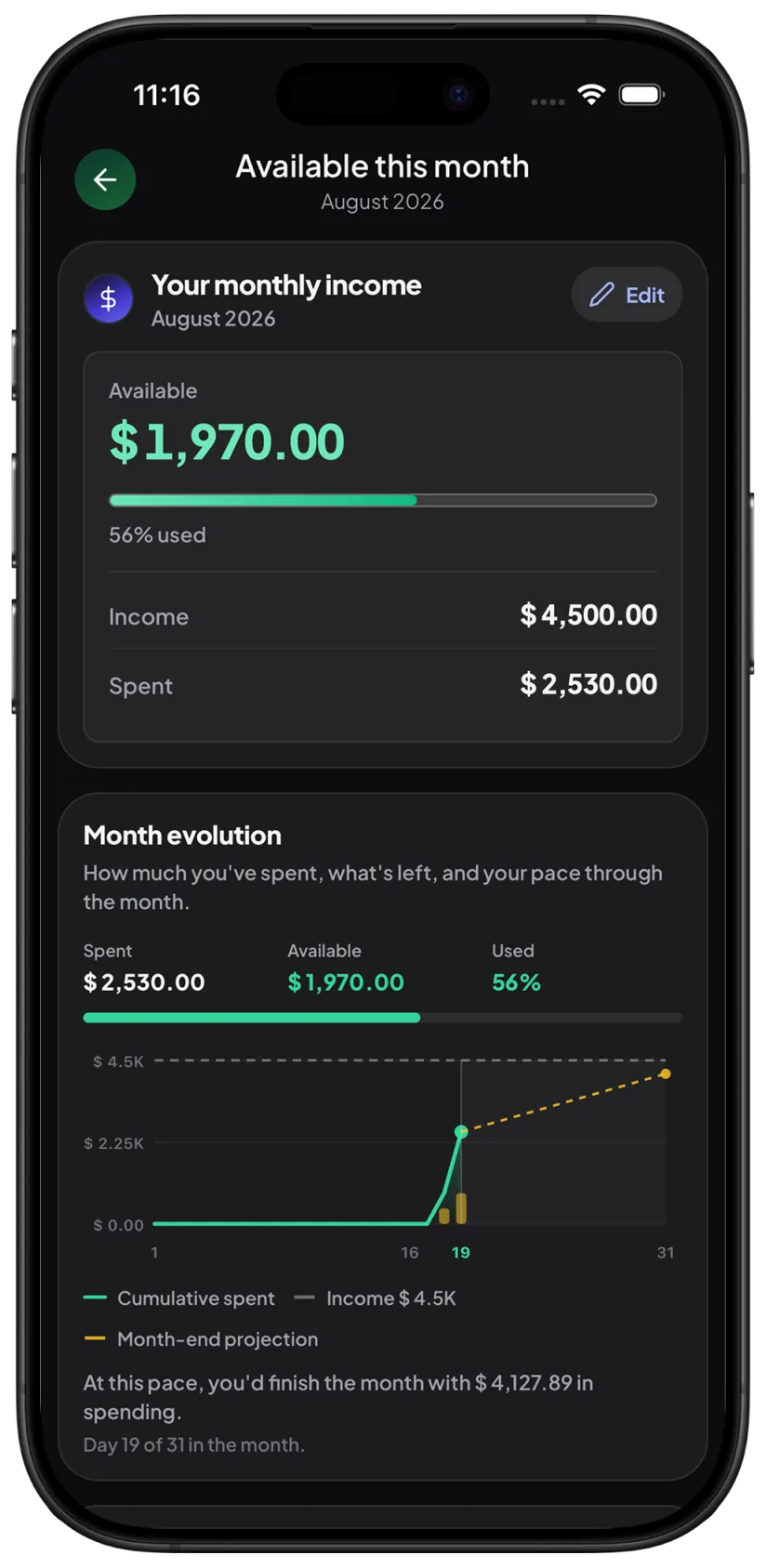 KP monthly view with income, spent, available, and pace chart