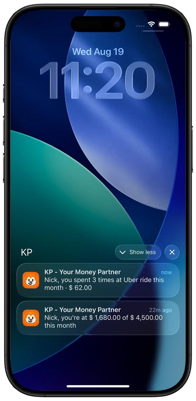 iPhone lock screen with two KP spending notifications