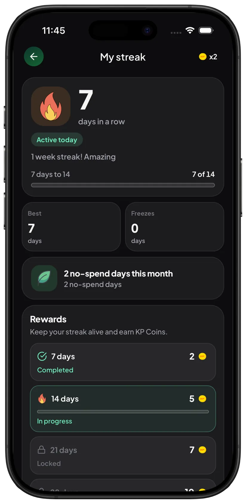 KP streak screen showing 7 days in a row and coin rewards