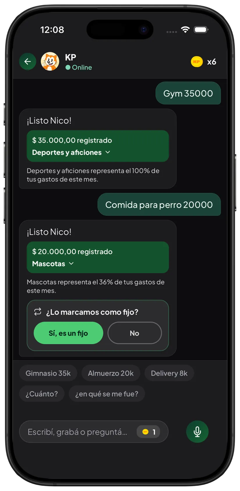 Chat de KP anotando el gym y comida para perro, con categoría y gasto fijo
