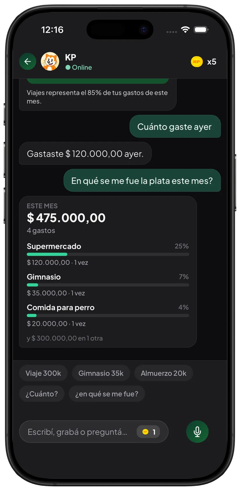 Chat de KP respondiendo cuánto se gastó ayer y en qué se fue el mes