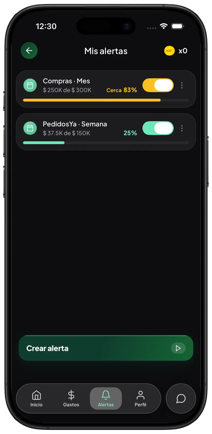 Alertas de KP para Uber de la semana y comida del mes