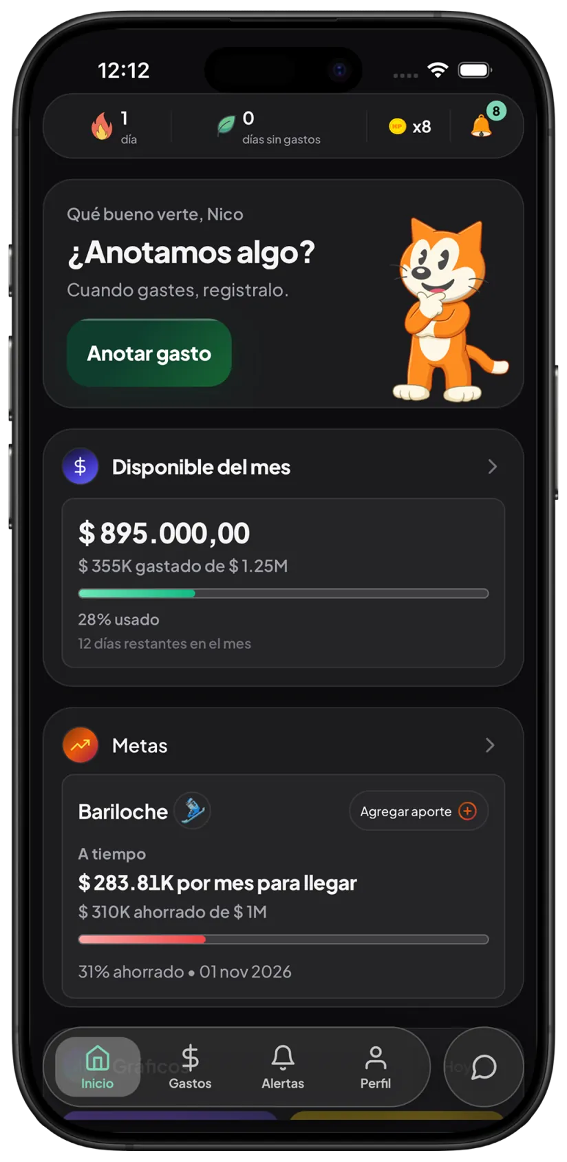 Inicio de KP con disponible del mes, una meta y la mascota