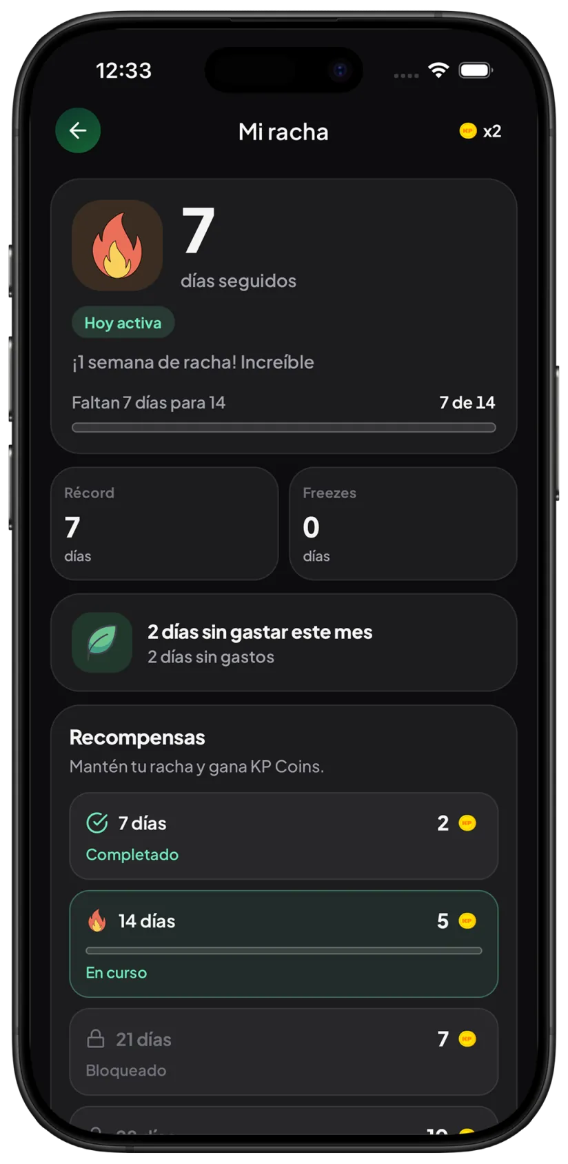 Pantalla de racha de KP con 7 días seguidos y recompensas en coins